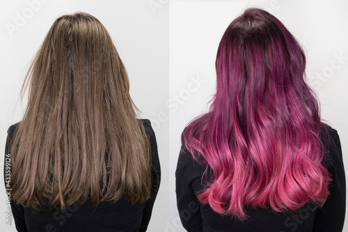 Rear view of dark hair with pink dye. Soft focus