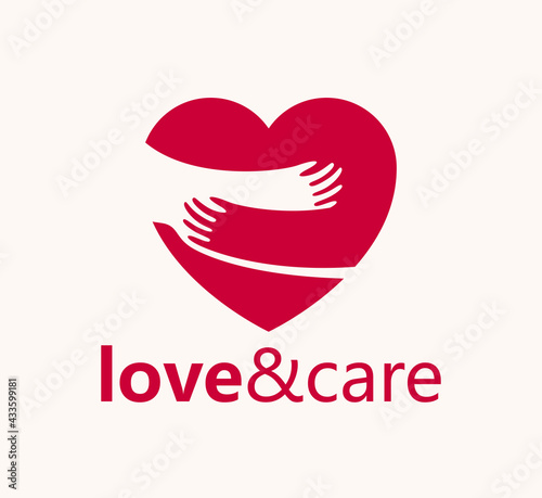 Heart with hugs vector logo or icon, hands holding heart care and relationship concept, support and protection theme, love yourself.
