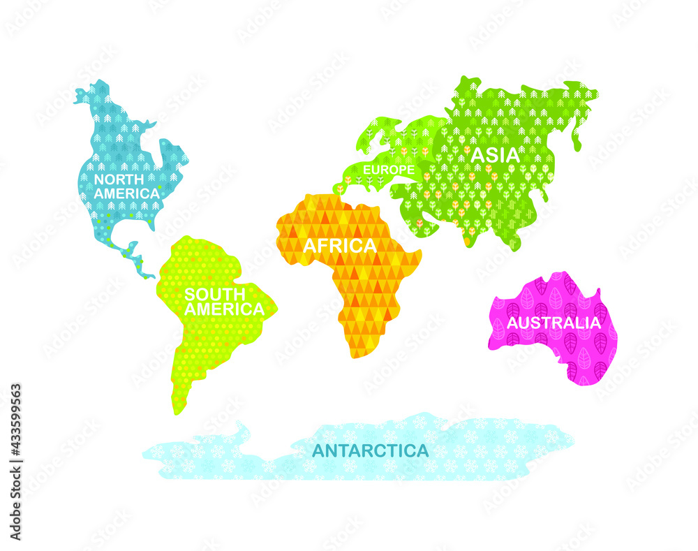 Continent Patterns Vetor de Colorful World map. Continents with patterns. Africa, America ...