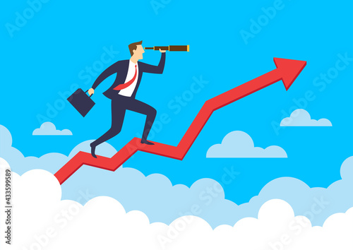 Businessman using telescope on rising graph arrow chart, Searching business goal, Growth and prediction to success, Flat design vector illustration © Jomic