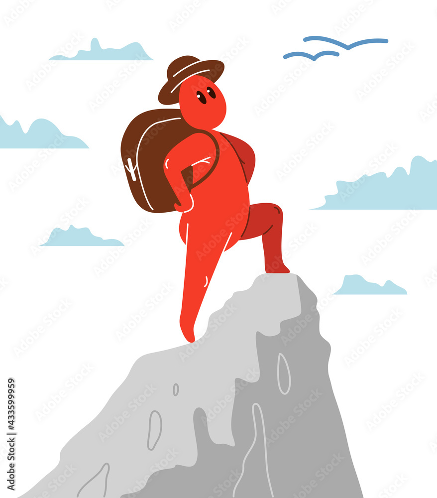 Funny cartoon man standing on top peak of a high mountain with backpack and  proud vector flat style illustration isolated on white, active lifestyle  hiking and climbing concept. Stock Vector | Adobe