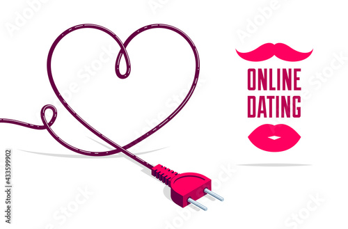 Dating site advertising poster or banner vector concept illustration with plug, internet love, online dating.