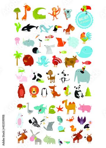 Big set of animals. cow, dog, alligator, bear, panda, penguin, octopus, koala, cartoon characters, zebra, animal logo, camel, fox, pig, deer, monkey, rabbit, woolf, giraffe, whale, palm