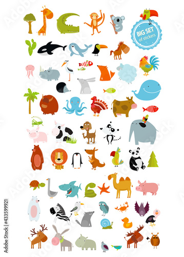 Big set of animals. cow, dog, alligator, bear, panda, penguin, octopus, koala, cartoon characters, zebra, animal logo, camel, fox, pig, deer, monkey, rabbit, woolf, giraffe, whale, palm