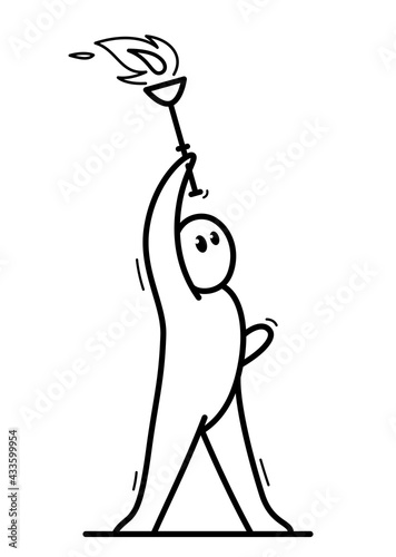 Funny cartoon man raising up hand with torch like a champion vector flat style illustration isolated on white, cute and positive small guy drawing or icon.