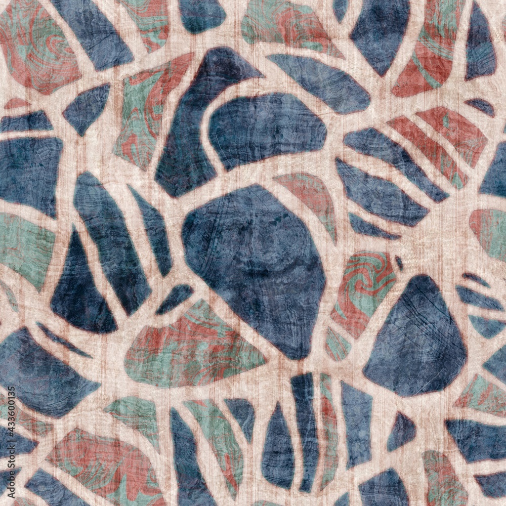 Seamless grungy tribal ethnic rug motif pattern. High quality illustration. Distressed old looking native style design in shades of gray and cream. Old artisan textile seamless pattern.