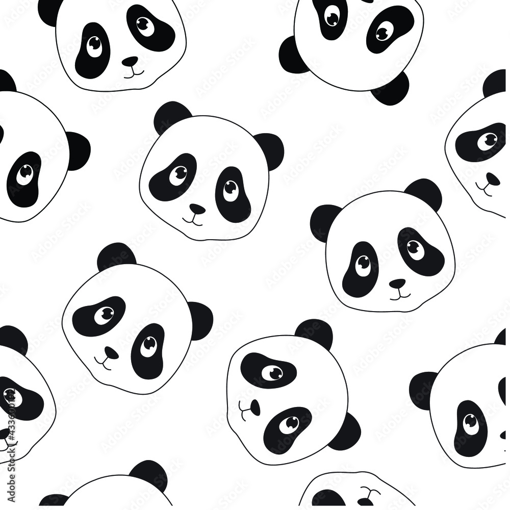 Vector white background with cute pandas. Cartoon pandas.black and white pattern.