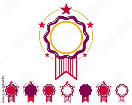 Blank vector vintage classic style badges set isolated, genuine guarantee stickers, geometric simple emblems or logos, round shaped icons for design project or product labels.