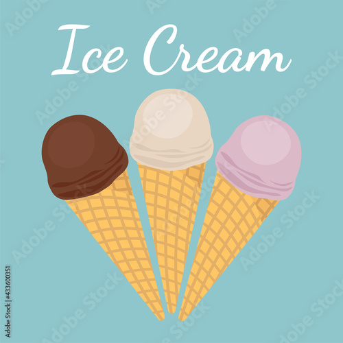 Colorful tasty ice cream cones. Vector illustration.