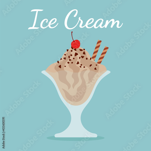Tasty ice cream in a bowl with chocolate. Vector illustration.