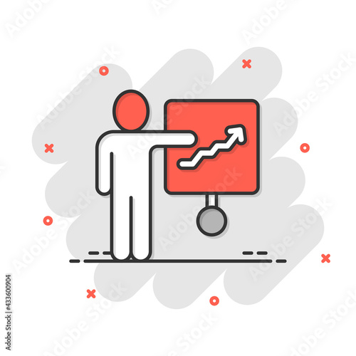 People with growth arrow icon in comic style. Work strategy cartoon vector illustration on white isolated background. Office training splash effect business concept.