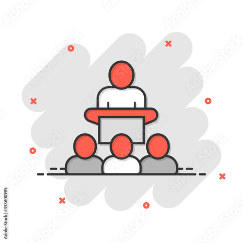People on podium icon in comic style. Speaker cartoon vector illustration on white isolated background. Audience orator splash effect business concept.