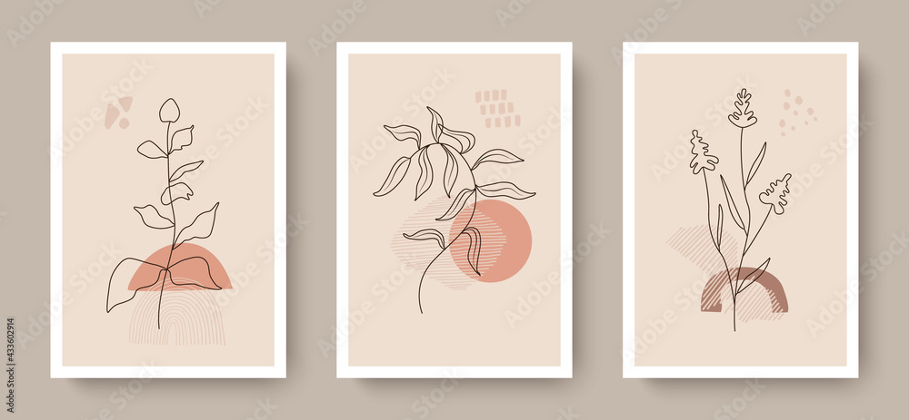 Botanical wall art vector set. Floral and Foliage line art drawing with abstract shape. Abstract Plant Art design for print, cover, wallpaper, Minimal and natural wall art. Vector illustration.