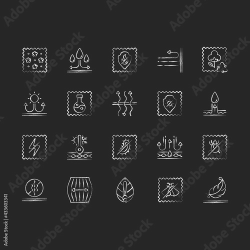 Different types of fabric feature chalk white icons set on black background. Fiber characteristics. Textile industry. Quality features of clothing. Isolated vector chalkboard illustrations