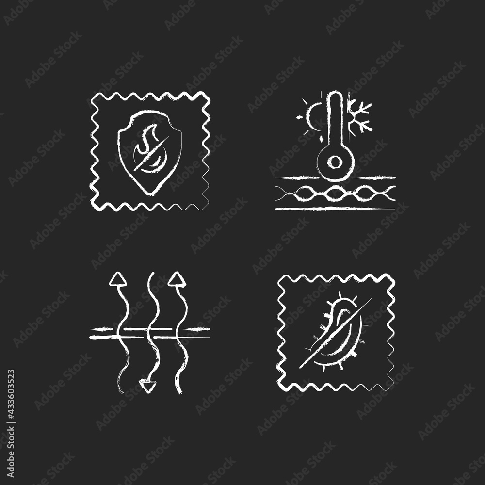 Fabric characteristics chalk white icons set on black background. Fireproof and breathable textile. Thermal insulated, antimicrobial fiber. Isolated vector chalkboard illustrations