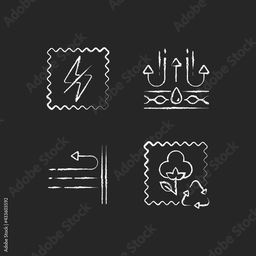 Different fabric features chalk white icons set on black background. Antistatic textile property. Membrane and windproof fiber. Recycled cotton. Isolated vector chalkboard illustrations