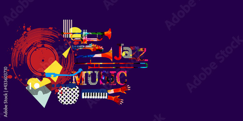 Musical promotional poster with musical instruments and lp vinyl record vector illustration. Artistic abstract design with vinyl record disc for concert events  music festivals and shows  party flyer