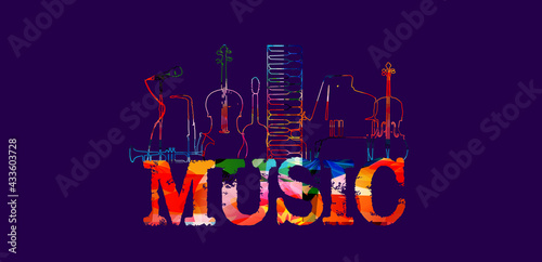 Music banner. Colorful musical promotional poster with musical instruments vector illustration. Artistic abstract background for live concert events, music festivals and shows, party flyer