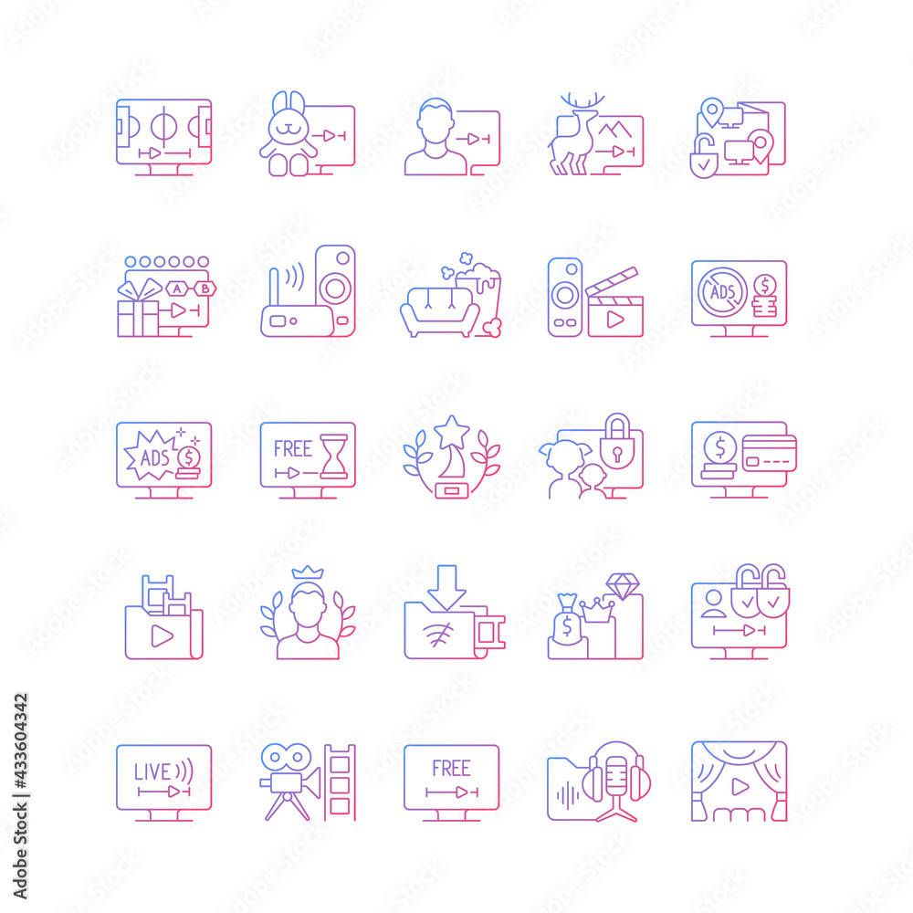 Streaming services gradient linear vector icons set. Subscription plan for month. Watching video content at home. Thin line contour symbols bundle. Isolated vector outline illustrations collection