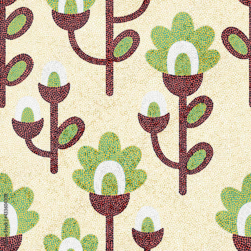Floral seamless pattern in punch needle style. Bohemian vintage embroidered print for home decor, pillows, carpets. Vector illustration.