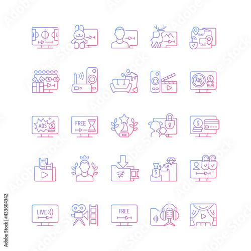 Streaming services gradient linear vector icons set. Subscription plan for month. Watching video content at home. Thin line contour symbols bundle. Isolated vector outline illustrations collection