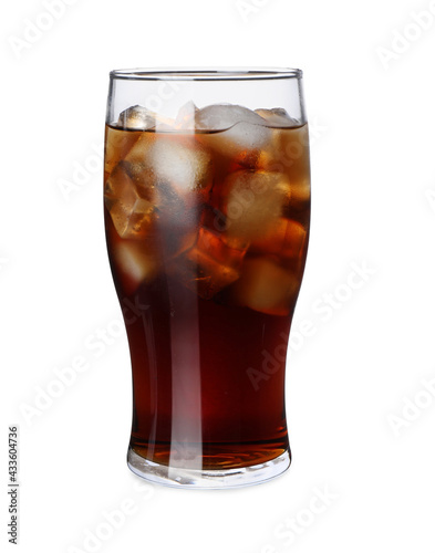 Glass of refreshing beverage with ice isolated on white