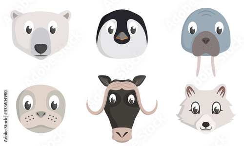 Set of arctic animal heads. Wildlife inhabitants in cartoon style.