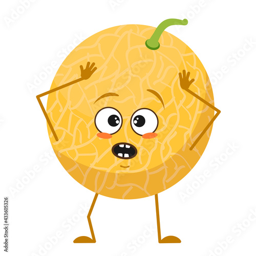 Cute melon character with emotions in a panic grabs his head, face, arms and legs. The funny or sad food hero, fruit