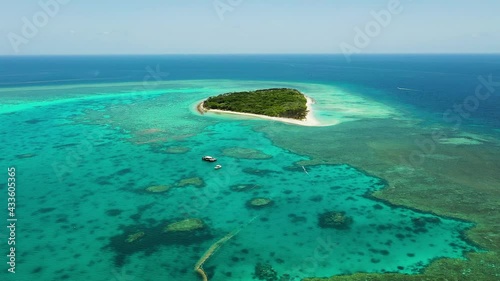 Wild tropical island of the Great Barrier Reef in Australia called Lady Musgrave, white sand beach and clear azure water for snorkeling photo