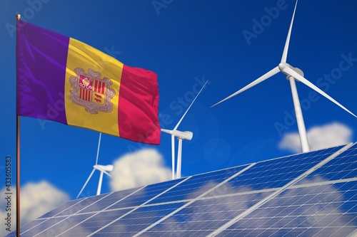 Andorra renewable energy, wind and solar energy concept with windmills and solar panels - renewable energy - industrial illustration, 3D illustration
