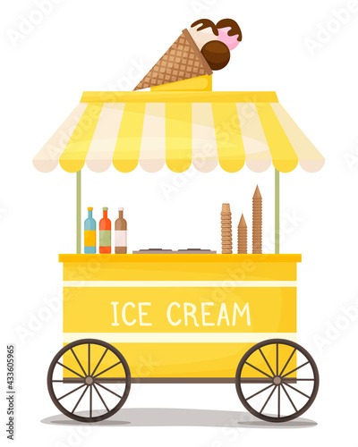 Colorful ice cream cart vector. Street kiosk, icecream vending booth isolated cartoon object on white background. Stand selling delicious summer dessert sale