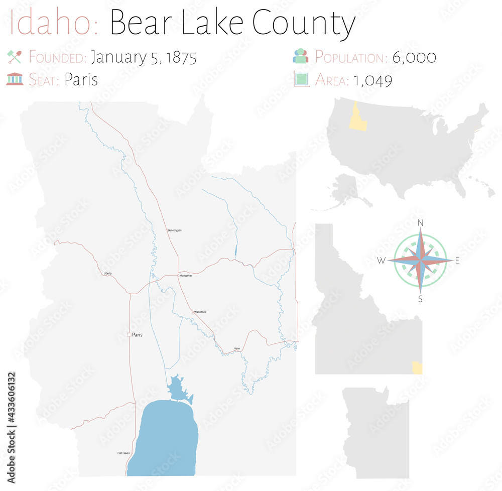 Large and detailed map of Bear Lake county in Idaho, USA.