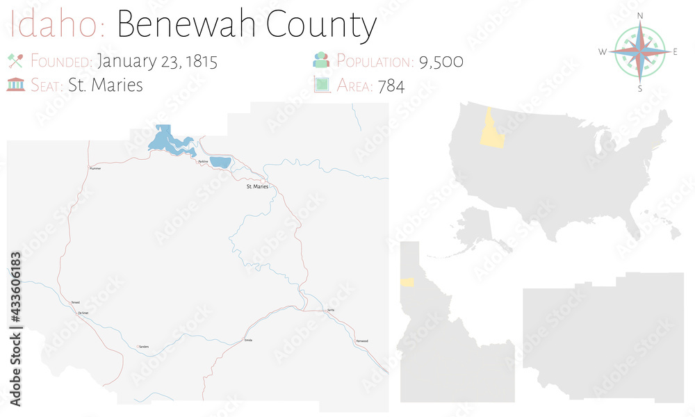 Large and detailed map of Benewah county in Idaho, USA.