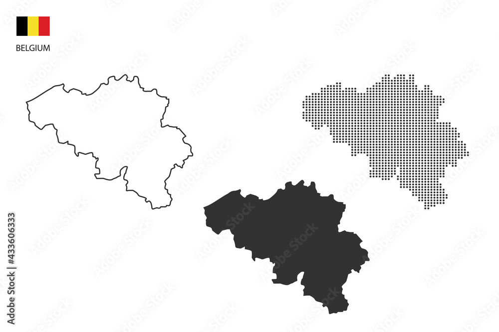 3 versions of Belgium map city vector by thin black outline simplicity style, Black dot style and Dark shadow style. All in the white background.