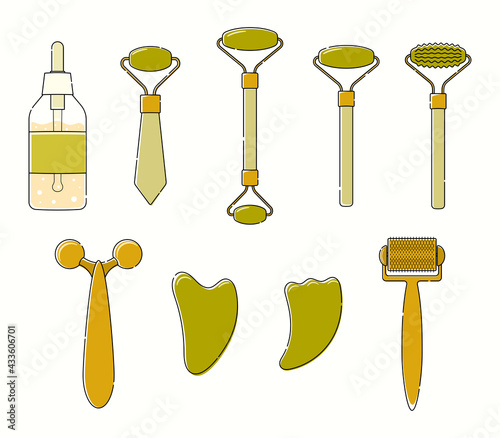 Line art set of devices for facial massage. Gua sha, roller, sculpting, oil.