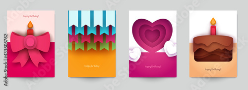 Collection templates cover for birthday. Abstract art composition in modern geometric papercut style. Minialistic concept design for banner, flyer, invitation, greeting card. Vector illustration.