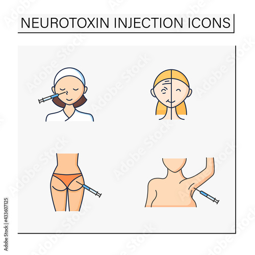 Cosmetic injection color icons set.Beauty correction. Eyes, eyebrows injection. Rejuvenation. Perfect procedure price. Cosmetic procedure.Isolated vector illustrations