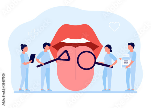 Open mouth with protruding tongue, checkup health tongue doctor. Tongue and disease. Vector illustration