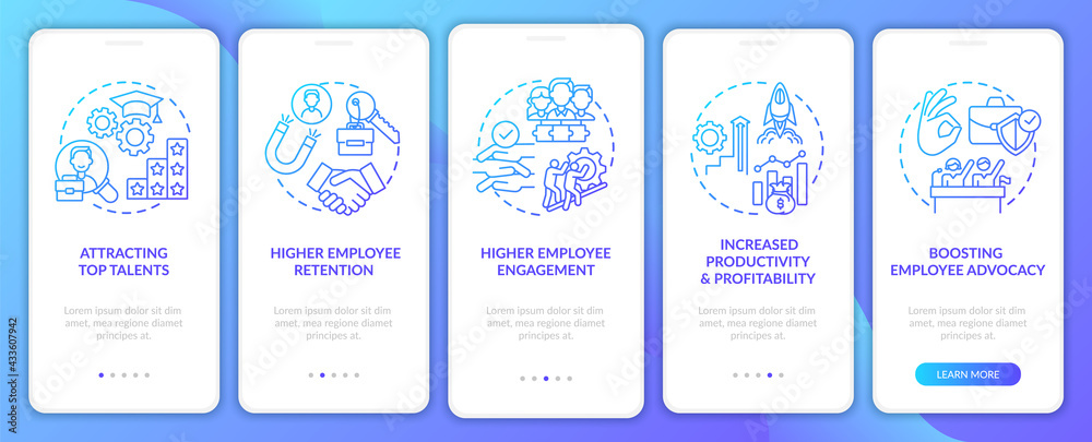 Company ethos benefits onboarding mobile app page screen with concepts. Employee engagement walkthrough 5 steps graphic instructions. UI, UX, GUI vector template with linear color illustrations