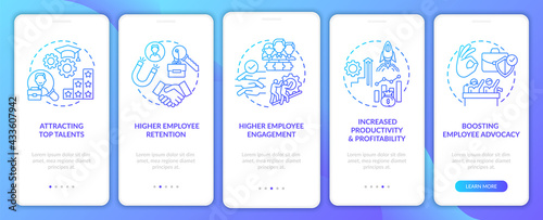 Company ethos benefits onboarding mobile app page screen with concepts. Employee engagement walkthrough 5 steps graphic instructions. UI, UX, GUI vector template with linear color illustrations