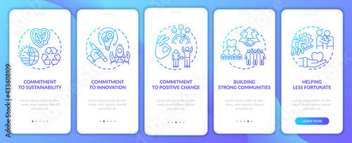 Business core ethics onboarding mobile app page screen with concepts. Building strong communities walkthrough 5 steps graphic instructions. UI, UX, GUI vector template with linear color illustrations