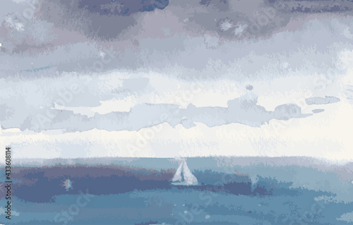 Vector image of watercolor seascape of lonely sailing ship in stormy sea