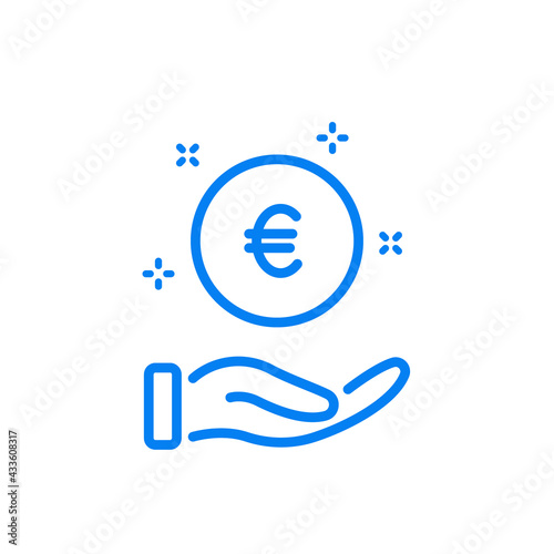 Charity, Donate, Give and Help concept. Pay, Save and Invest Money Line Icon. Hand with a Coin Line Icon. Give Alms Icon. Symbol Euro. Editable Stroke. Vector illustration