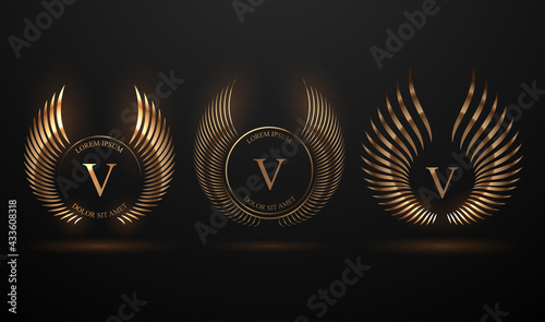 Abstract golden wings template set on black background