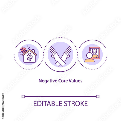 Negative core values concept icon. Negative motivation idea thin line illustration. Potentially harmful beliefs. Depressive thoughts. Vector isolated outline RGB color drawing. Editable stroke