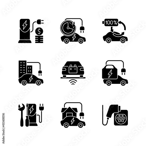 Electric vehicle charging black glyph icons set on white space. Places where you can fill up battery of electromobile. Paying money for electricity. Silhouette symbols. Vector isolated illustration