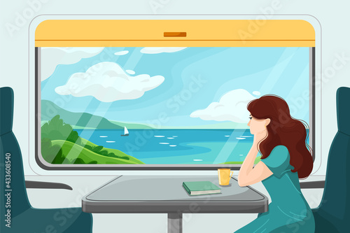 The girl looks thoughtfully from the train window. The girl is sitting in a train carriage. Summer travel. Vector illustration. Summer vacation at the sea. Seascape through the train window.