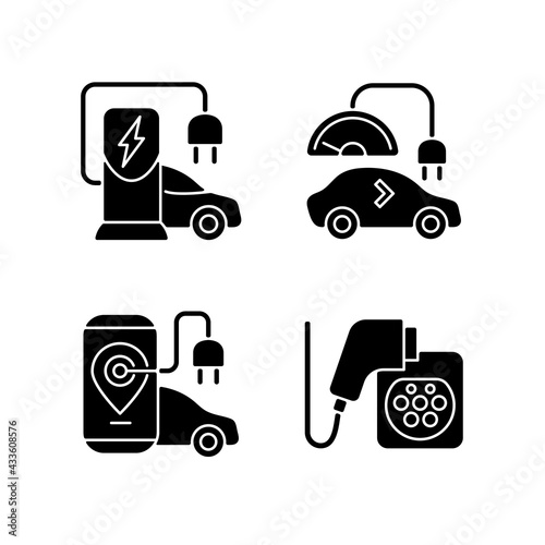Electric vehicle charging black glyph icons set on white space. Charging adapter and converter to fit electromobile. Charging battery of car. Silhouette symbols. Vector isolated illustration