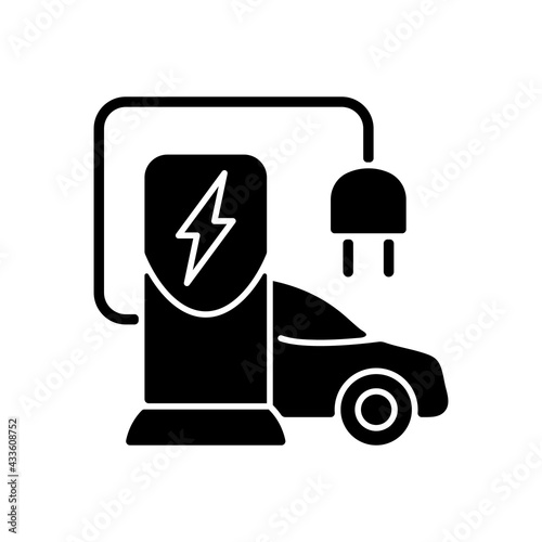 EV charging station black glyph icon. Place to charge battery of electromobile. Getting natural energy to ride car. Natural fuel. Silhouette symbol on white space. Vector isolated illustration