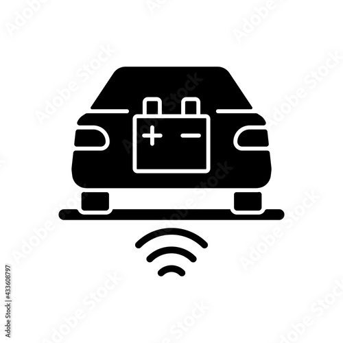 Wireless EV charging black glyph icon. Fueling electromobile without cable usage. Modern futuristic charging stations technologies. Silhouette symbol on white space. Vector isolated illustration